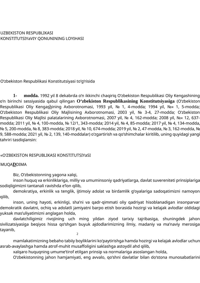O'zbekiston Respublikasi Konstitutsiyasi