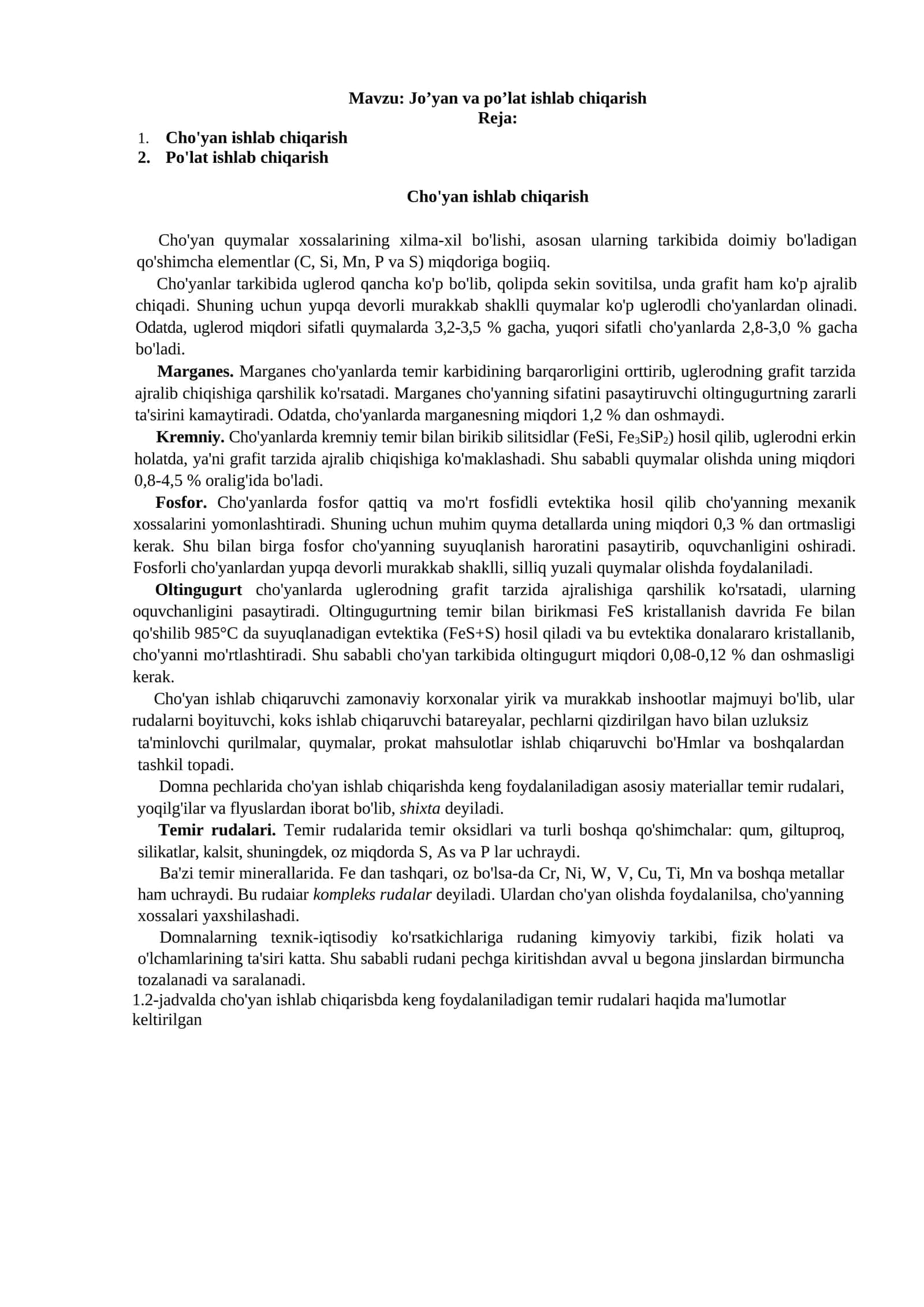 Jo’yan va po’lat ishlab chiqarish