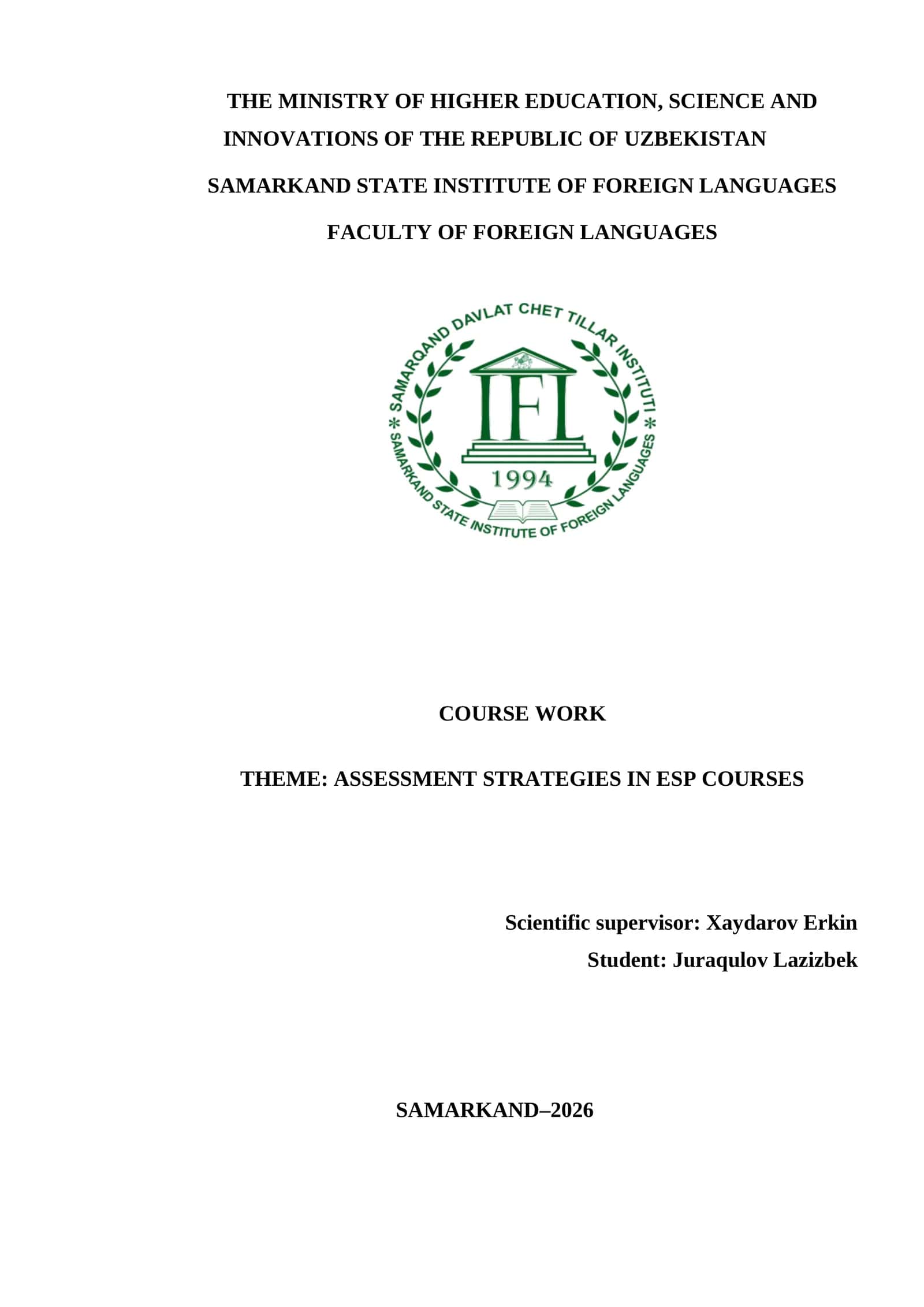 COURSE WORK THEME: ASSESSMENT STRATEGIES IN ESP COURSES
