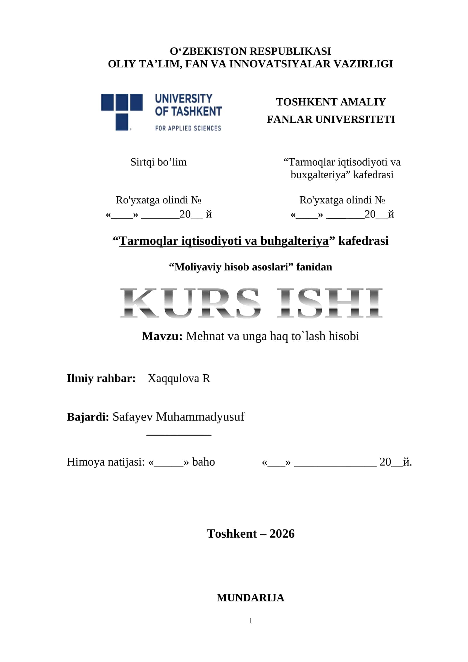 KURS ISHI: Mehnat va unga haq to`lash hisobi