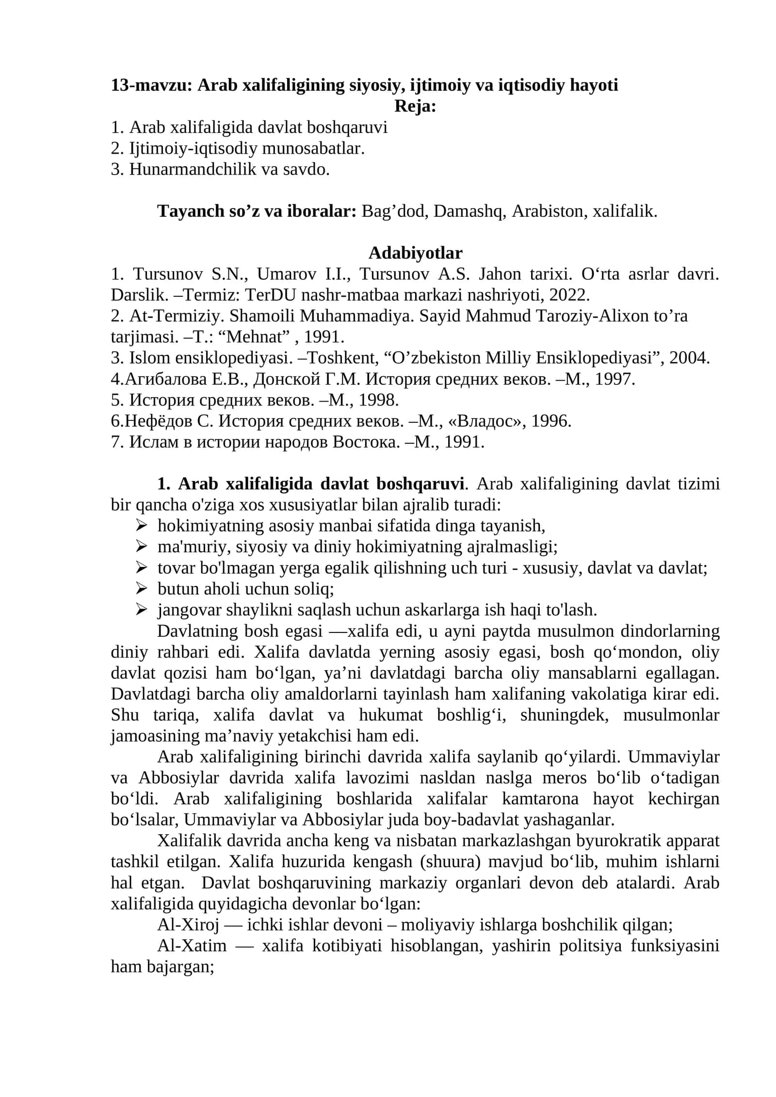 Arab xalifaligining siyosiy, ijtimoiy va iqtisodiy hayoti