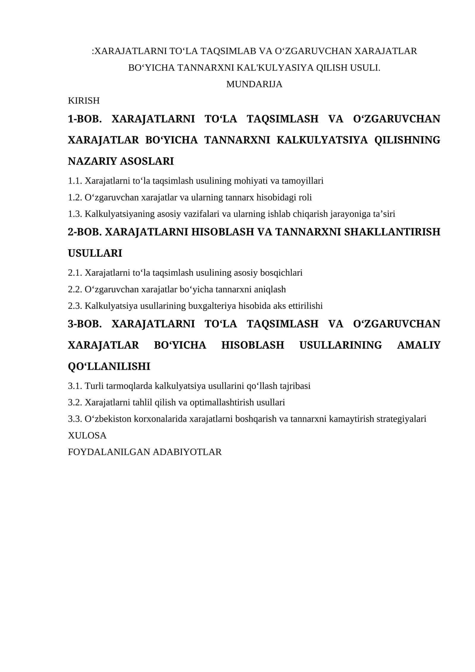 XARAJatlarni to‘la taqsimlab va o‘zgaruvchan xarajatlar bo‘yicha tannarxni kalkulyatsiya qilish usuli