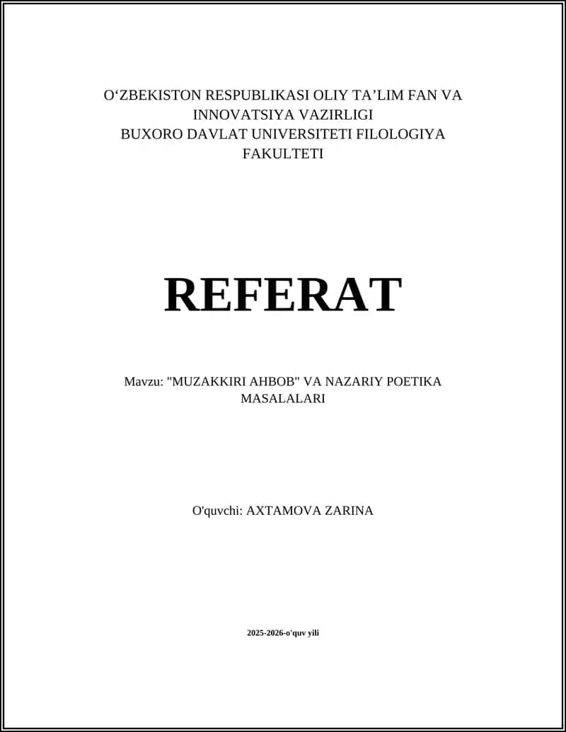 "MUZAKKIRI AHBOB" VA NAZARIY POETIKA MASALALARI