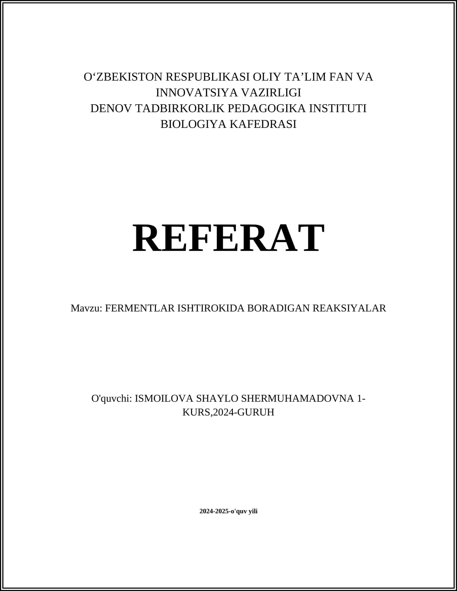 FERMENTLAR ISHTIROKIDA BORADIGAN REAKSIYALAR