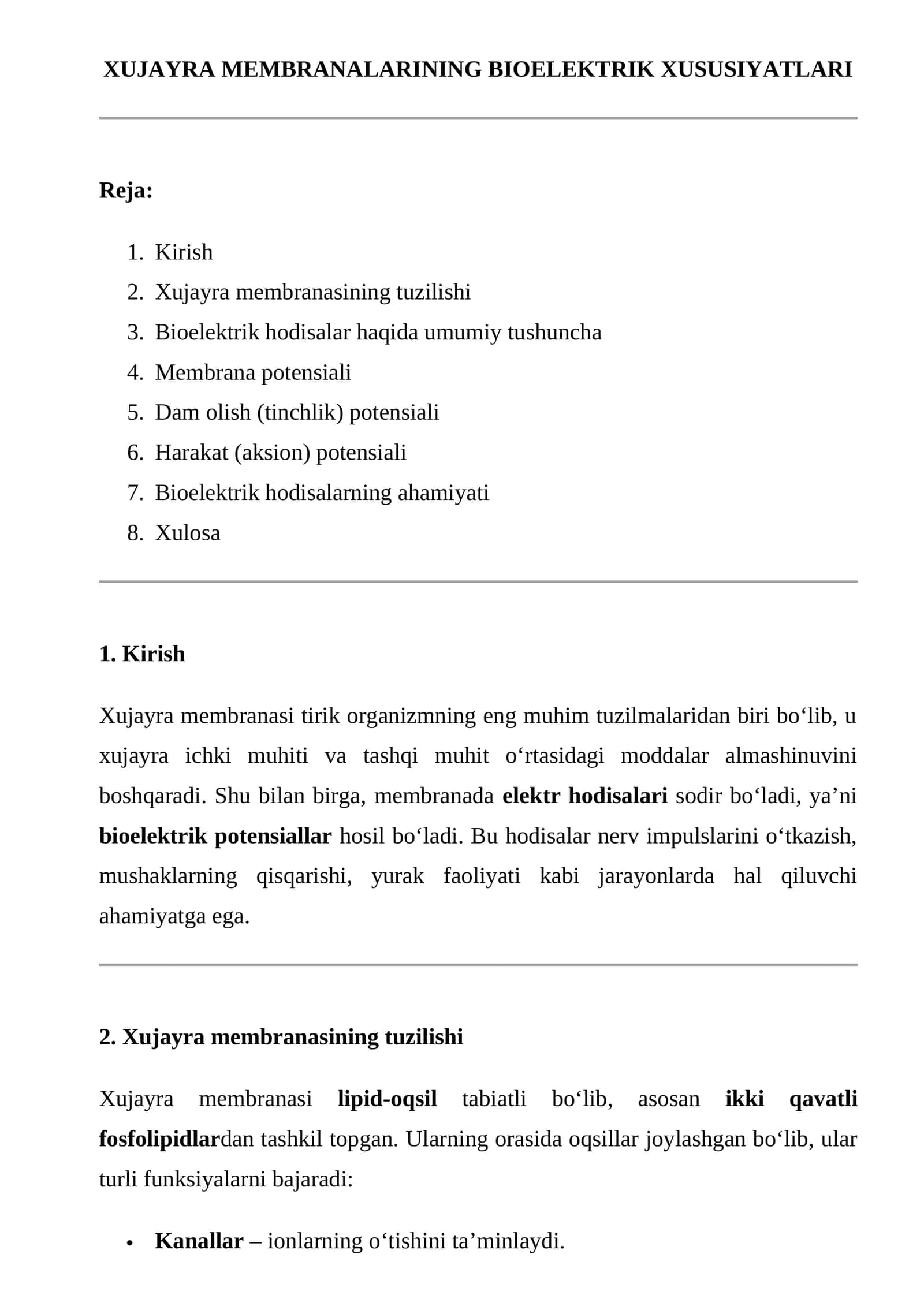XUJAYRA MEMBRANALARINING BIOELEKTRIK XUSUSIYATLARI