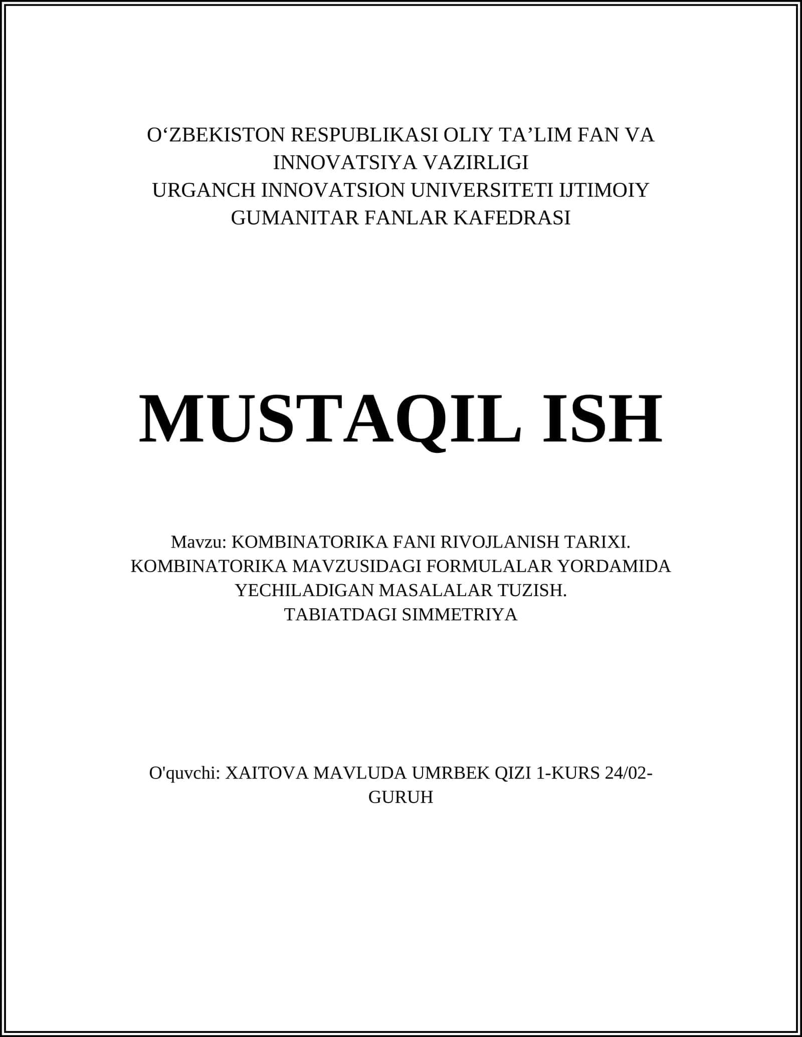 KOMBINATORIKA FANI RIVOJLANISH TARIXI
