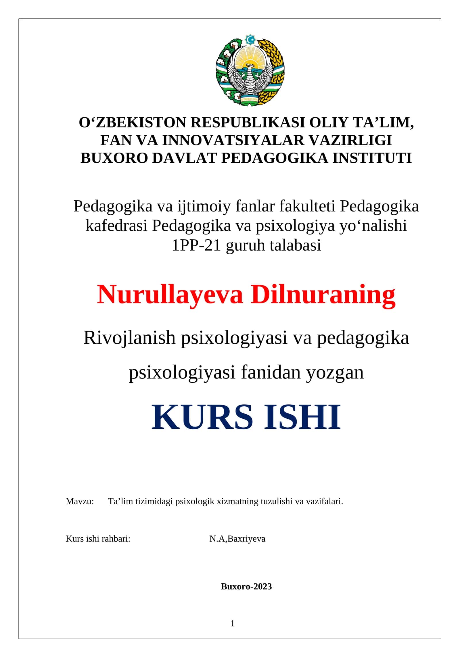 Ta’lim tizimidagi psixologik xizmatning tuzulishi va vazifalari