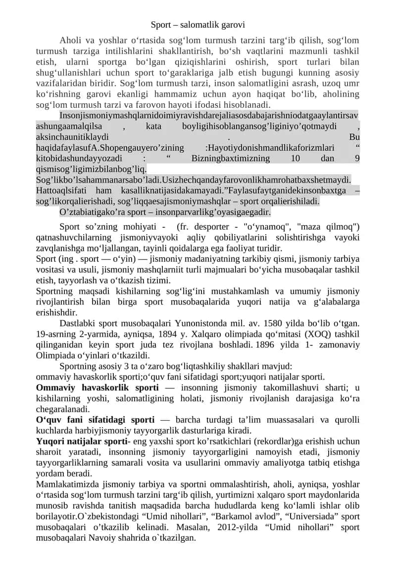 Sport – salomatlik garovi