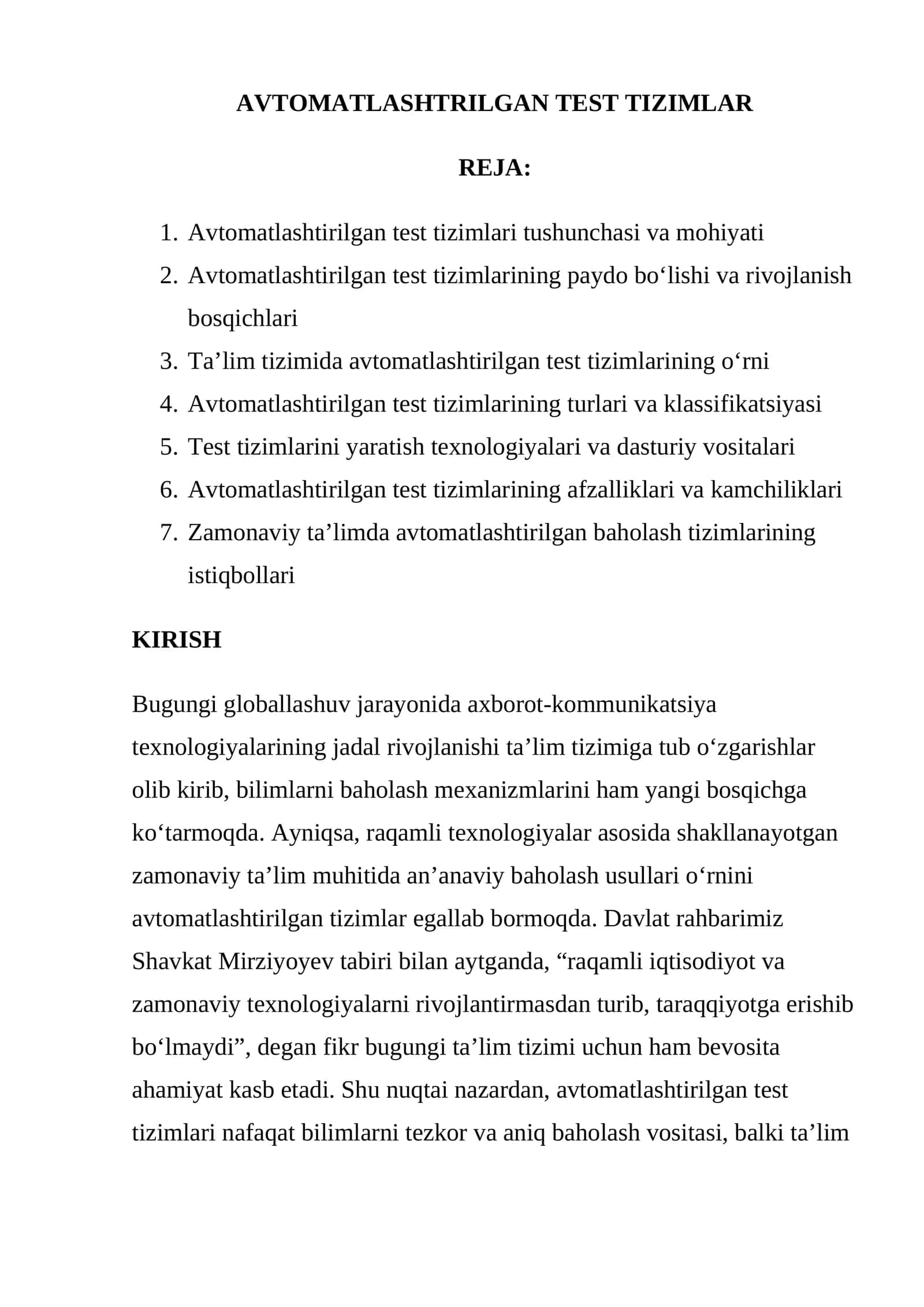 AVTOMATLASHTRILGAN TEST TIZIMLAR