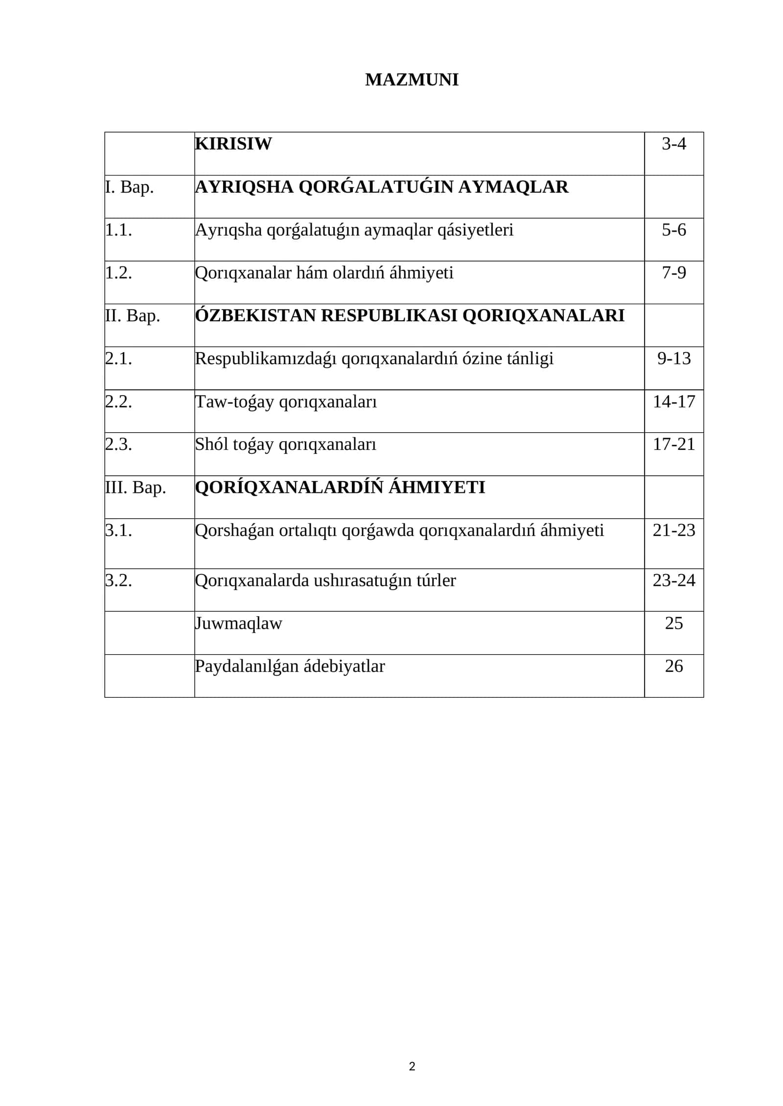 ÓZBEKISTAN RESPUBLIKASI QORIQXANALARI HÁM OLARDIŃ ÁHMIYETI