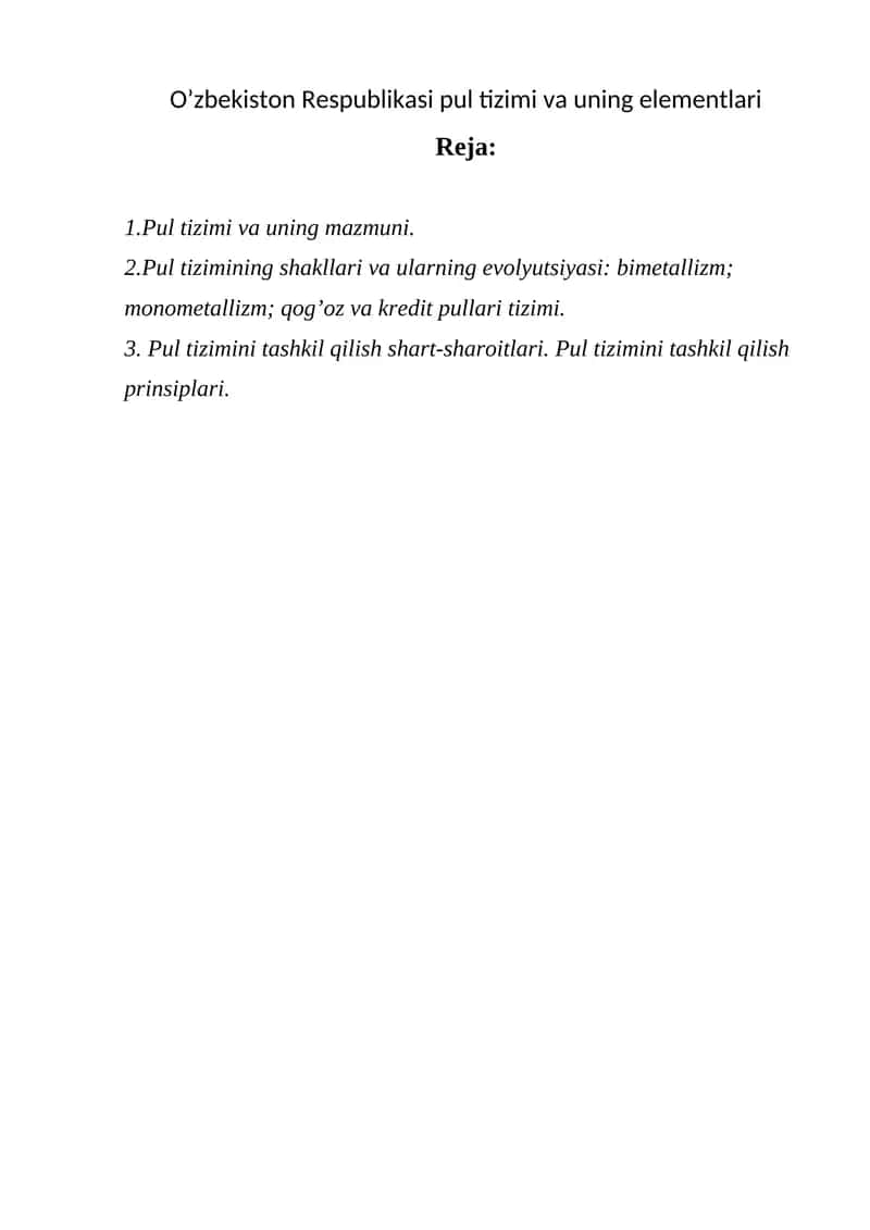 O’zbekiston Respublikasi pul tizimi va uning elementlari
