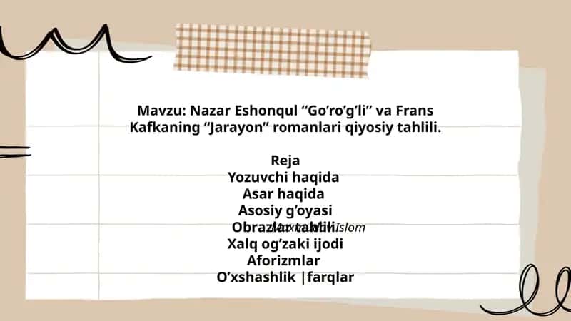 Nazar Eshonqul “Go’ro’g’li” va Frans Kafkaning “Jarayon” romanlari qiyosiy tahlili