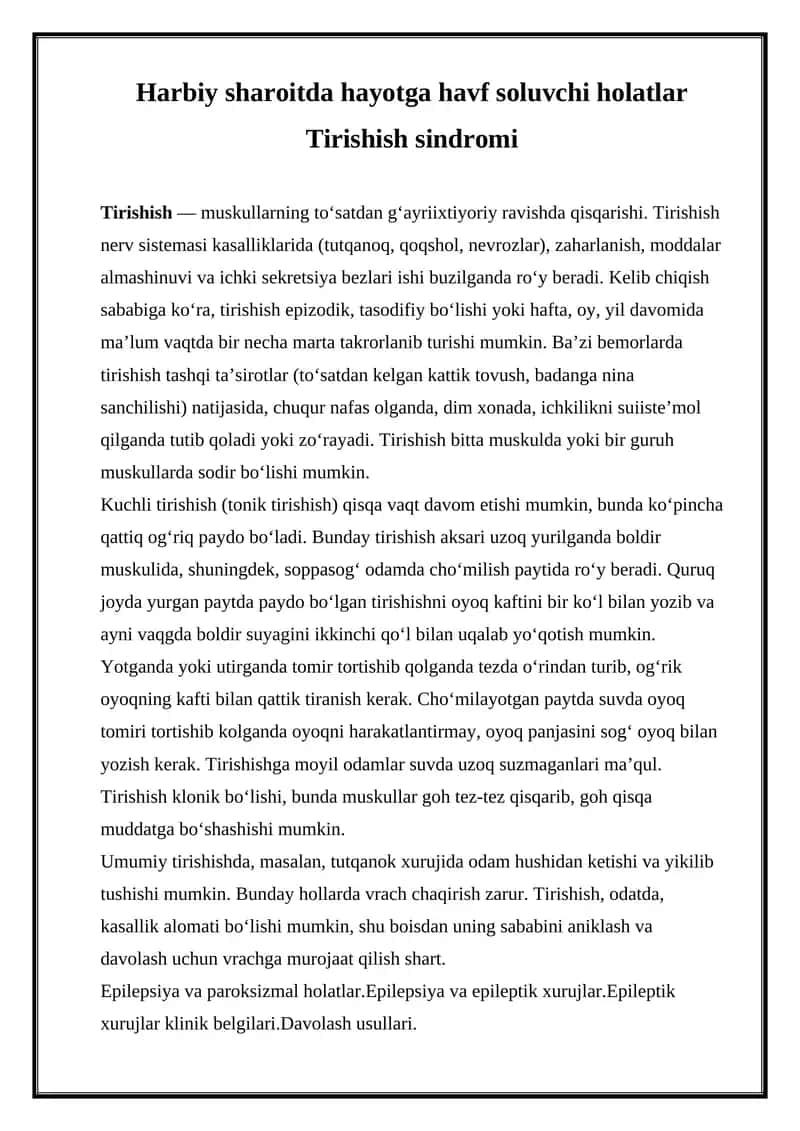 Harbiy sharoitda hayotga havf soluvchi holatlar Tirishish sindromi