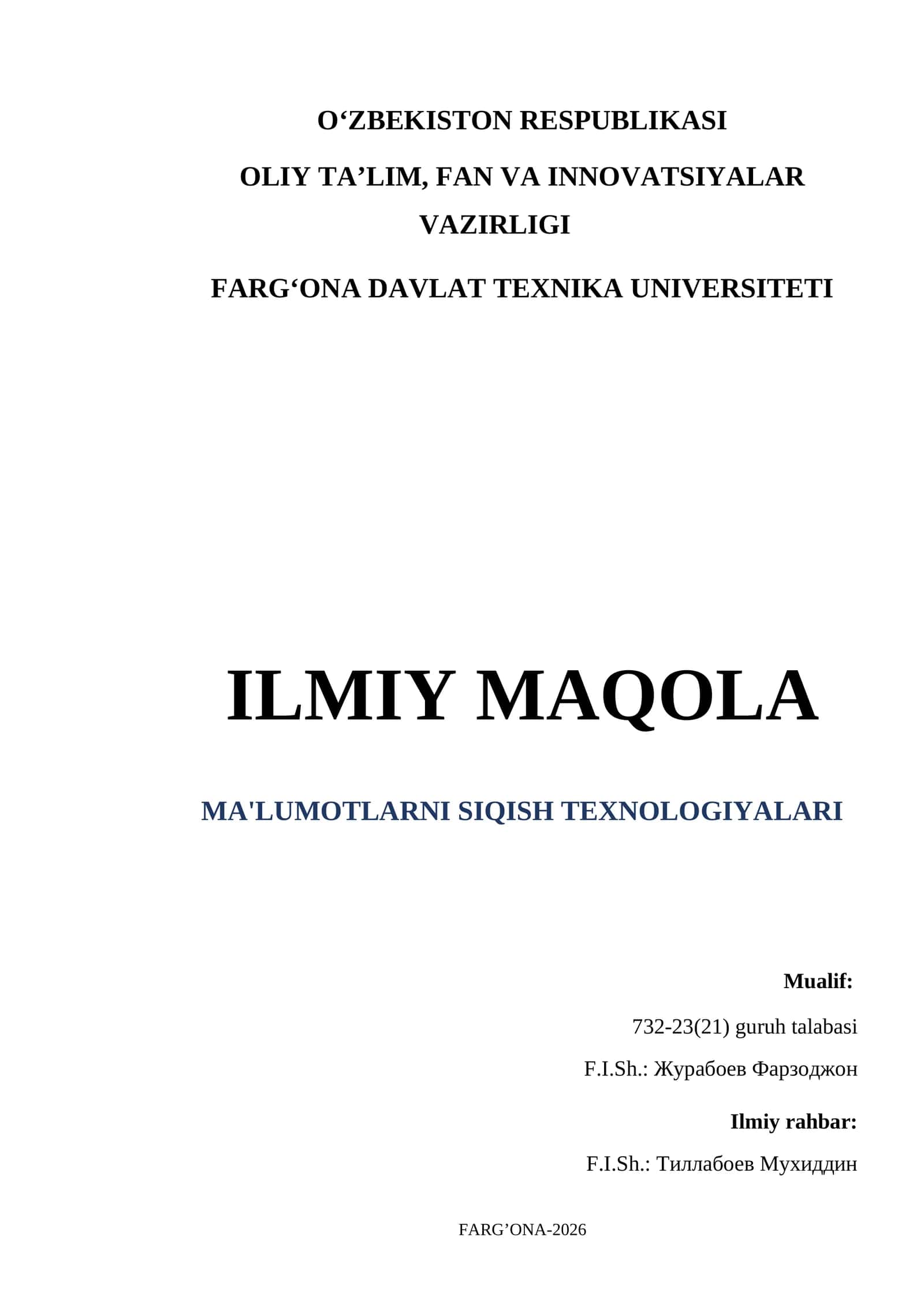 MA'LUMOTLARNI SIQISH TEXNOLOGIYALARI