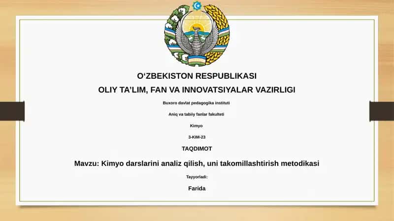 Kimyo darslarini analiz qilish, uni takomillashtirish metodikasi