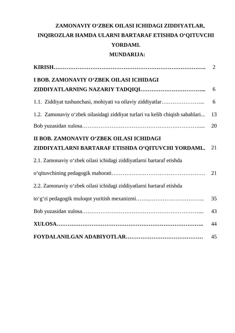 ZAMONAVIY O‘ZBEK OILASI ICHIDAGI ZIDDIYATLAR, INQIROZLAR HAMDA ULARNI BARTARAF ETISHDA O‘QITUVCHI YORDAMI.