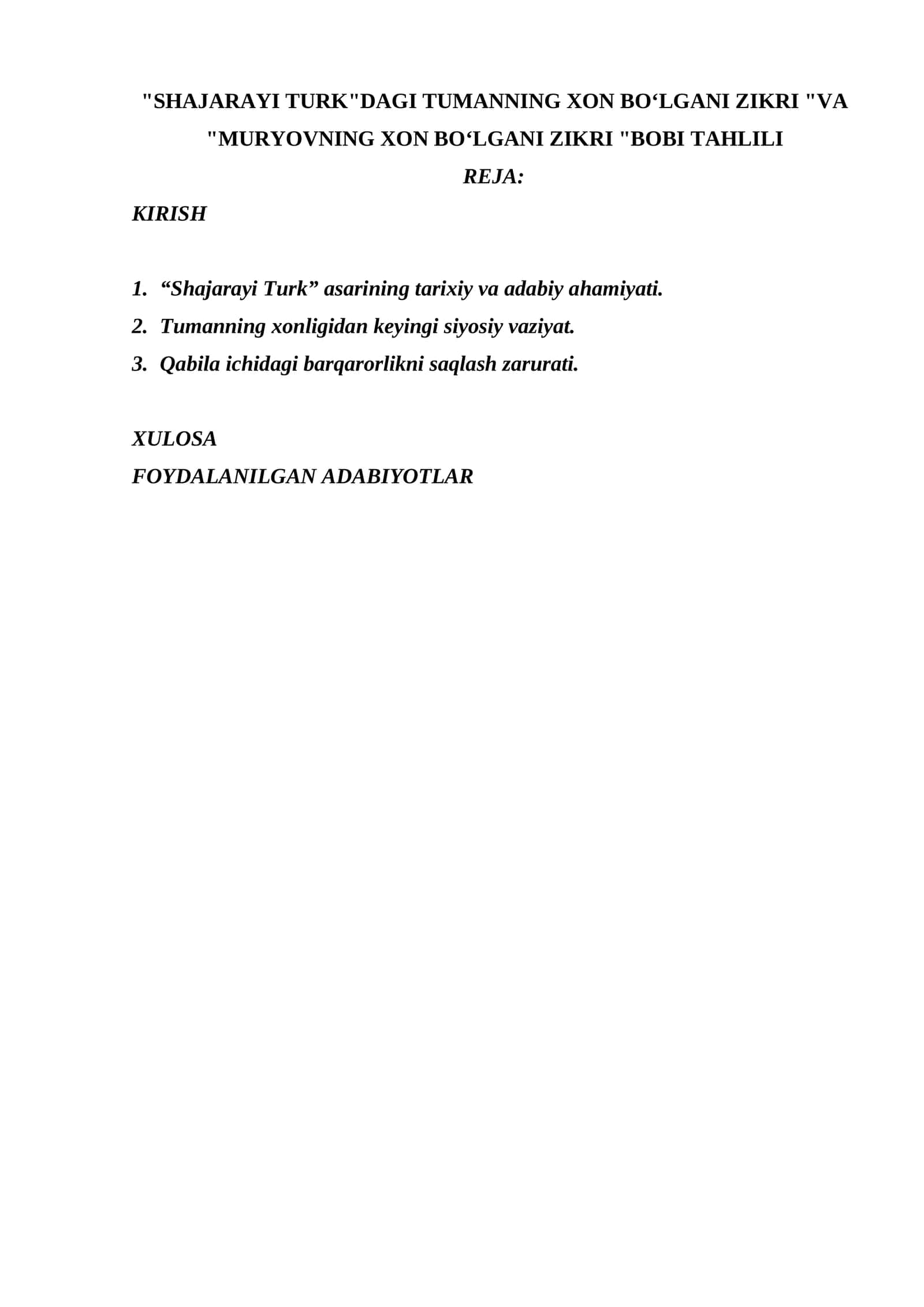 "SHAJARAYI TURK"DAGI TUMANNING XON BOʻLGANI ZIKRI "VA "MURYOVNING XON BOʻLGANI ZIKRI "BOBI TAHLILI