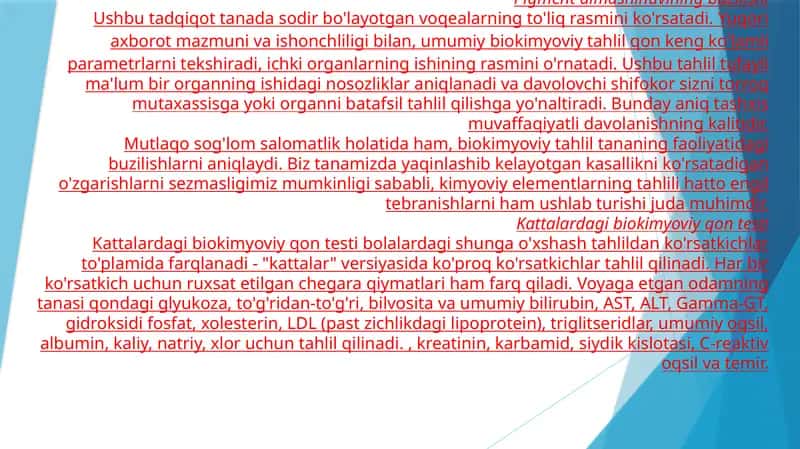 Biokimyoviy qontekshiruvi qanday ko'rsatkichlarni o'z ichiga oladi