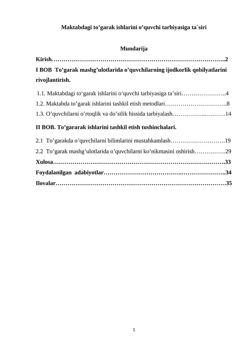 Maktabdagi to’garak ishlarini o’quvchi tarbiyasiga ta`siri