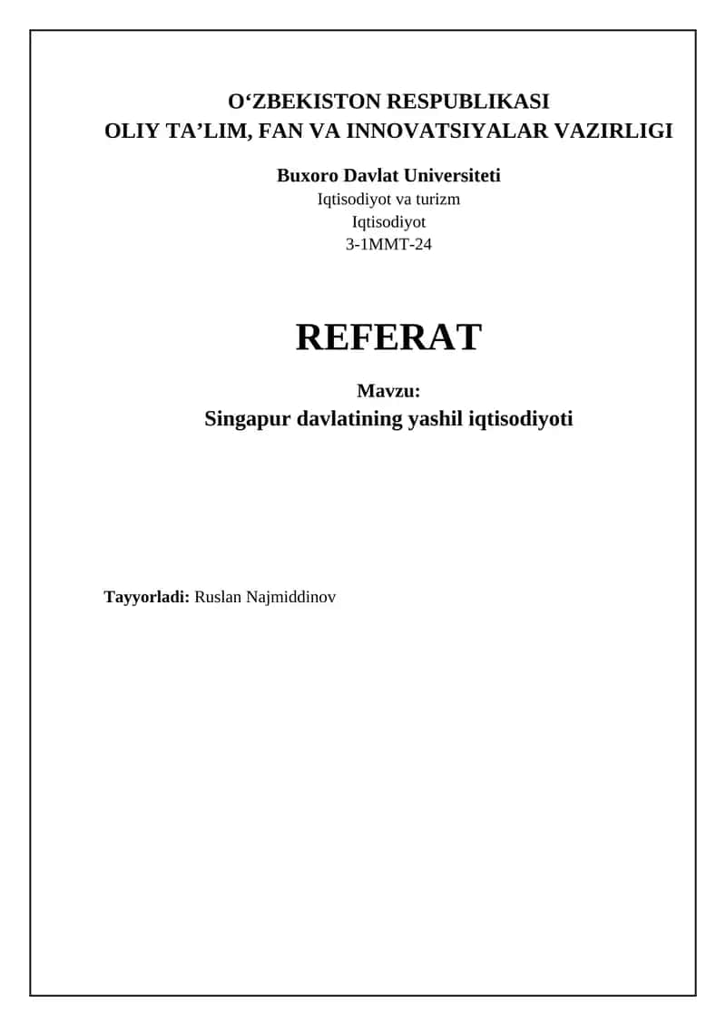 Singapur davlatining yashil iqtisodiyoti