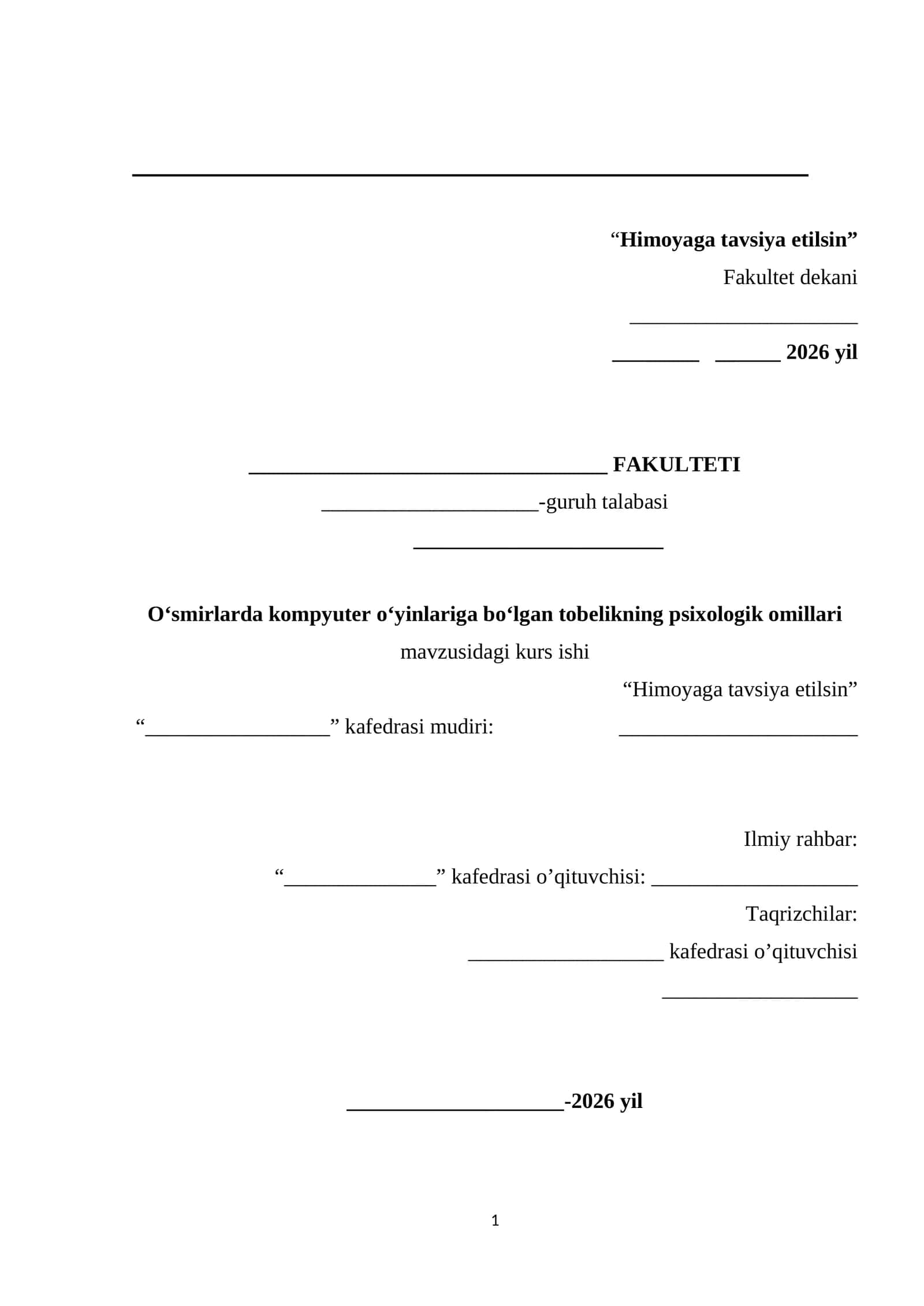 Oʻsmirlarda kompyuter oʻyinlariga boʻlgan tobelikning psixologik omillari mavzusida tayyor kurs ishi