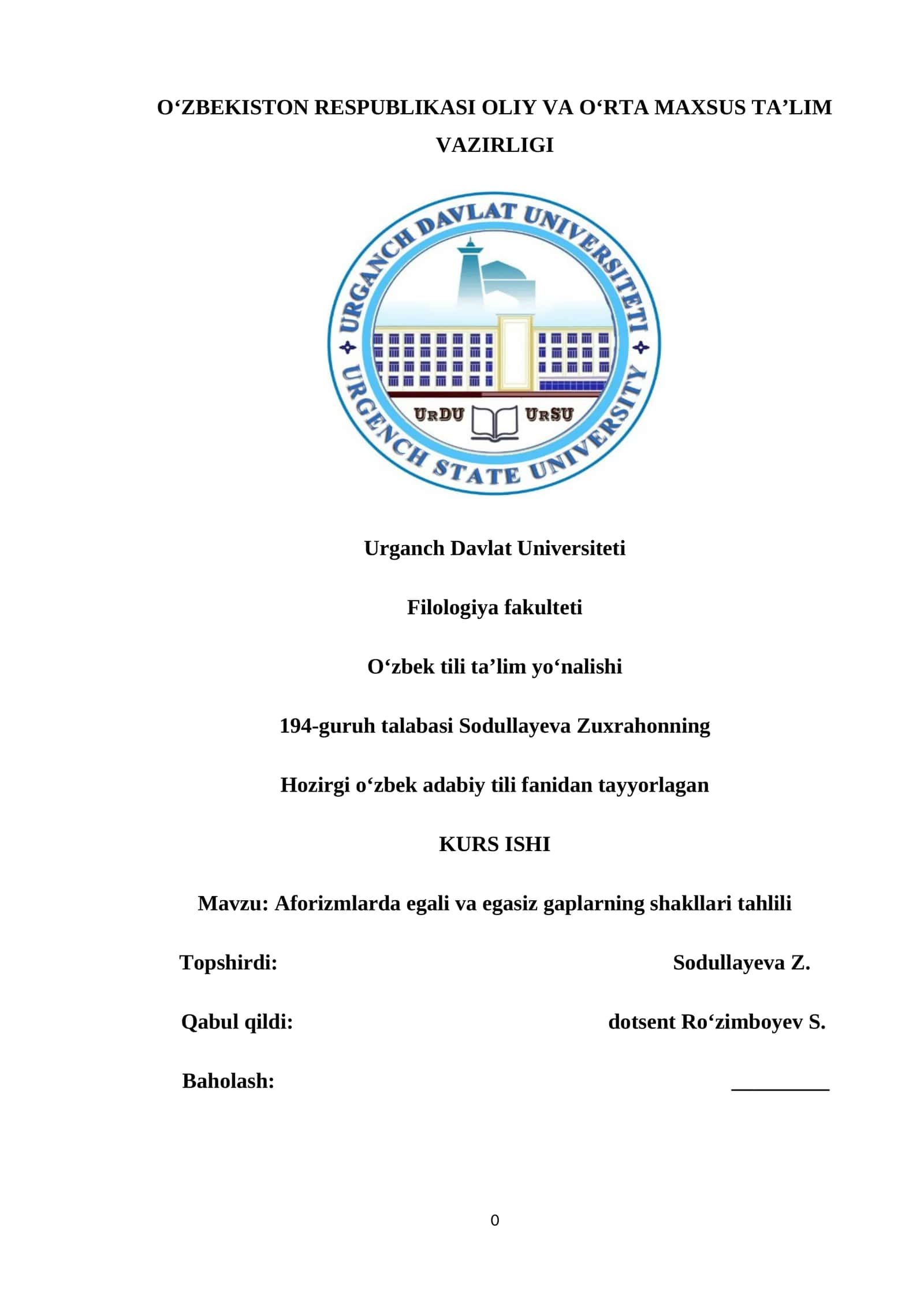 Aforizmlarda egali va egasiz gaplarning shakllari tahlili