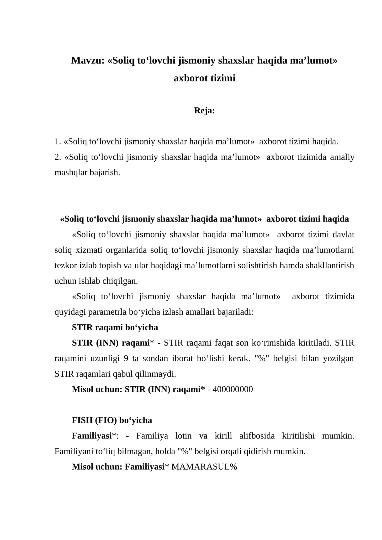 «Soliq to‘lovchi jismoniy shaxslar haqida ma’lumot» axborot tizimi