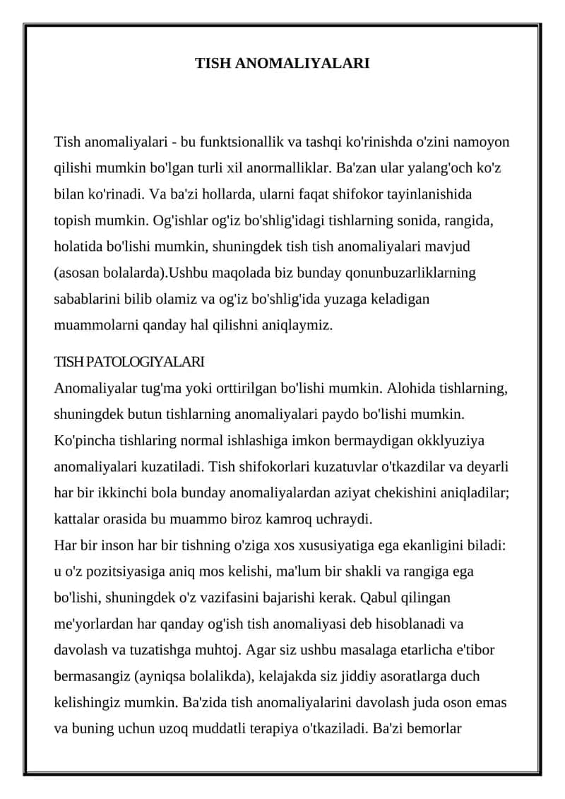 Tish Anomaliyalari
