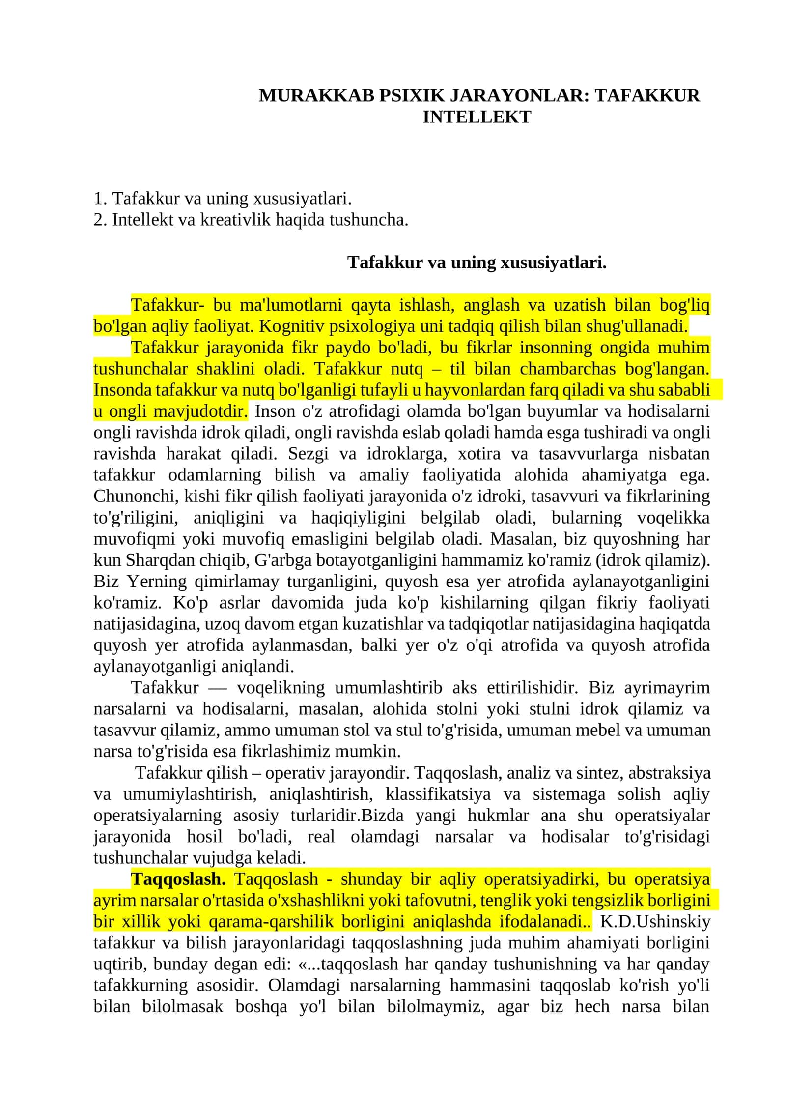 MURAKKAB PSIXIK JARAYONLAR: TAFAKKUR INTELLEKT