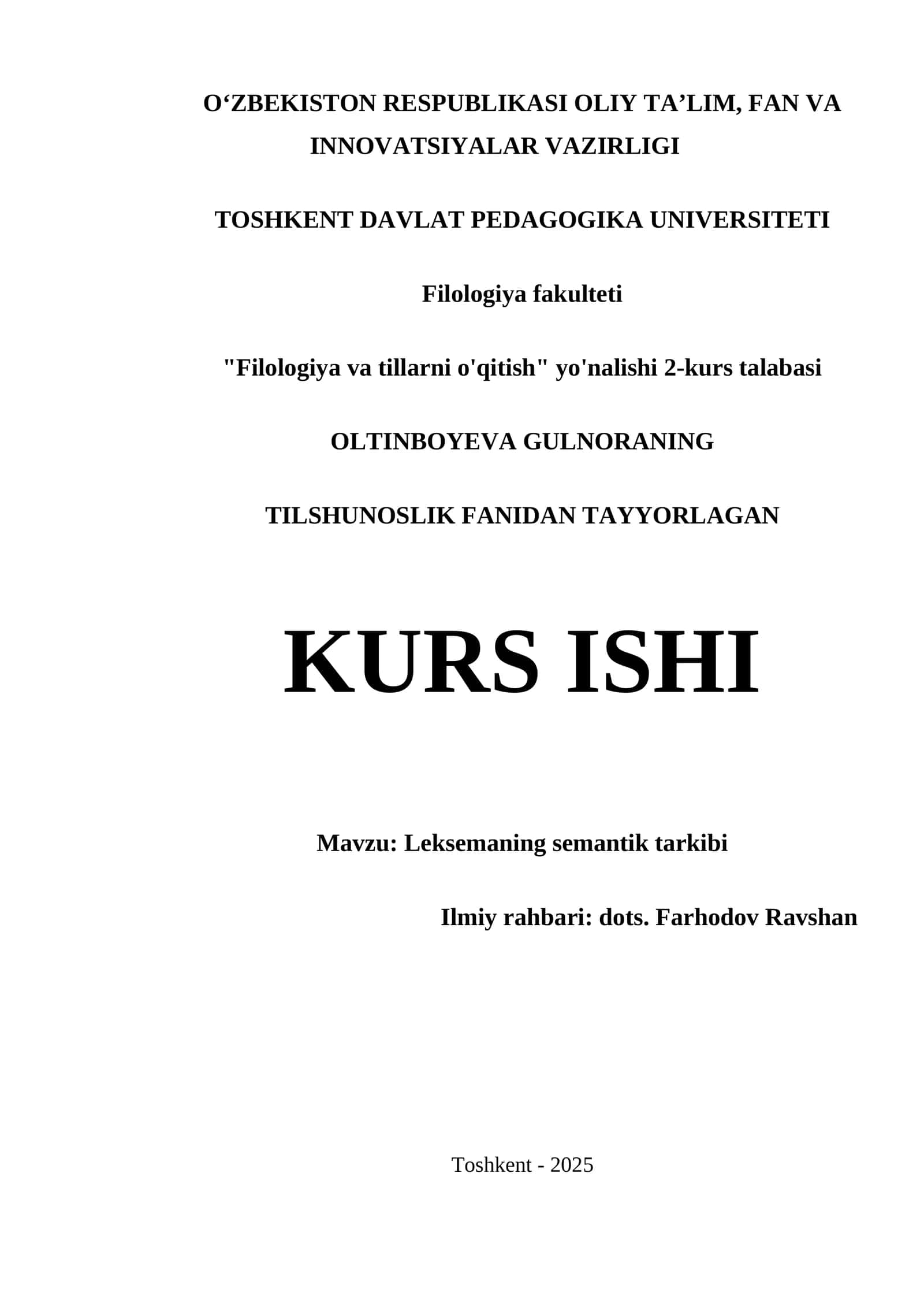 Leksemaning Semantik Tarkibi Kurs Ishi