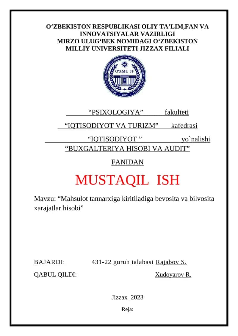 Mahsulot tannarxiga kiritiladiga bevosita va bilvosita xarajatlar hisobi