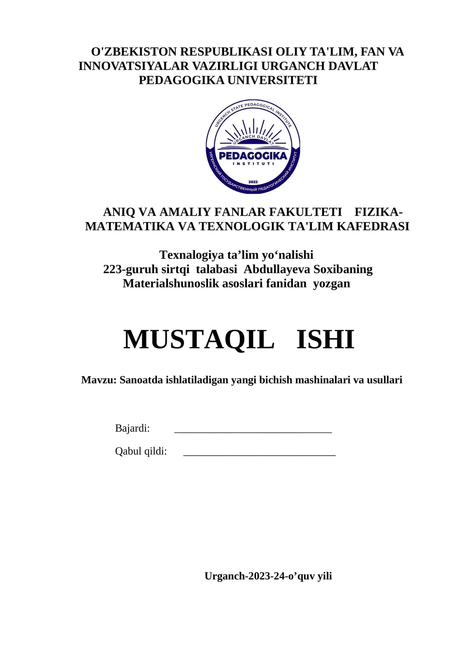 Materialshunoslik asoslari fanidan yozgan