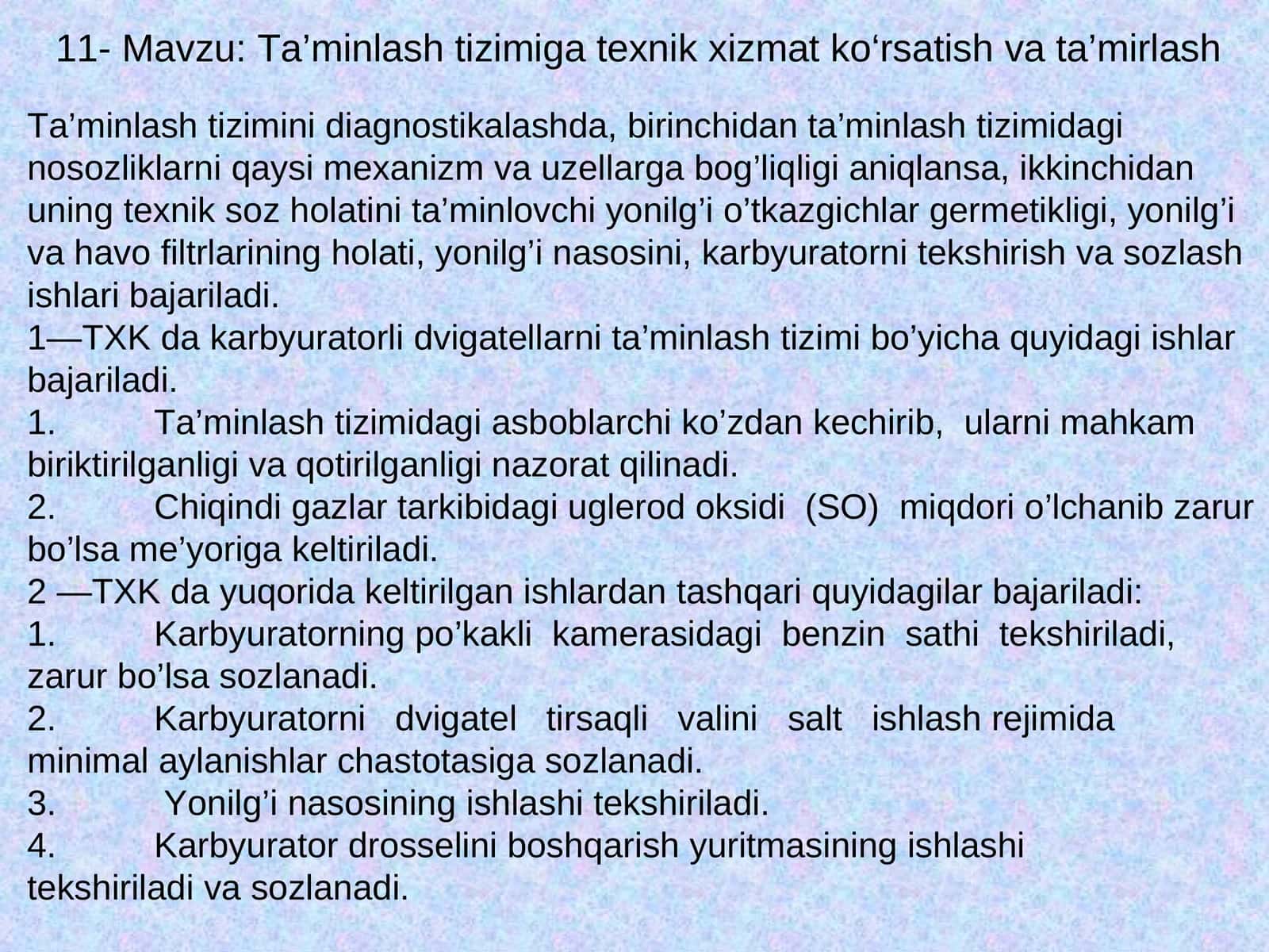 TXK da karbyuratorli dvigatellarni ta’minlash tizimi bo’yicha