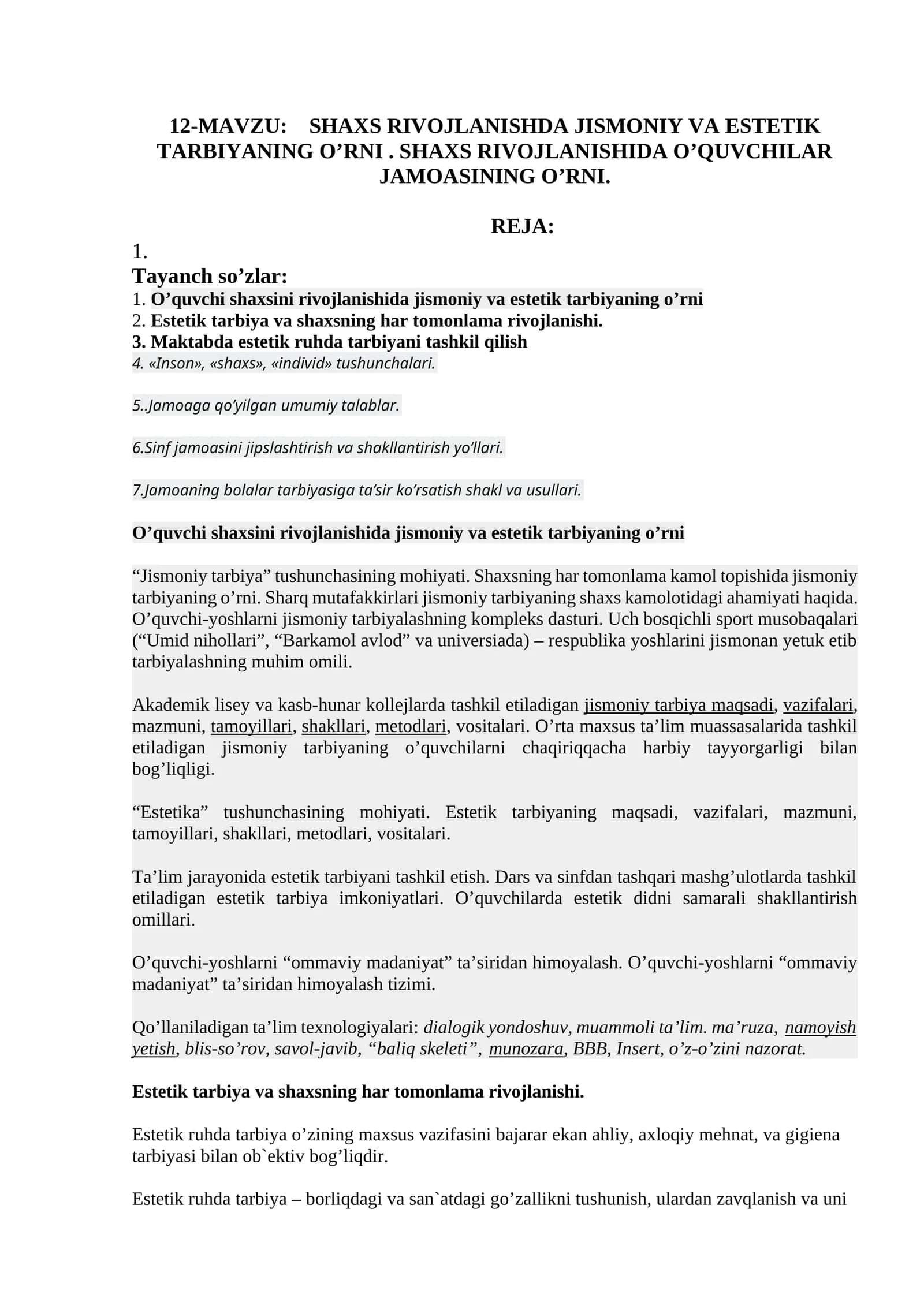 SHAXS RIVOJLANISHDA JISMONIY VA ESTETIK TARBIYANING O’RNI