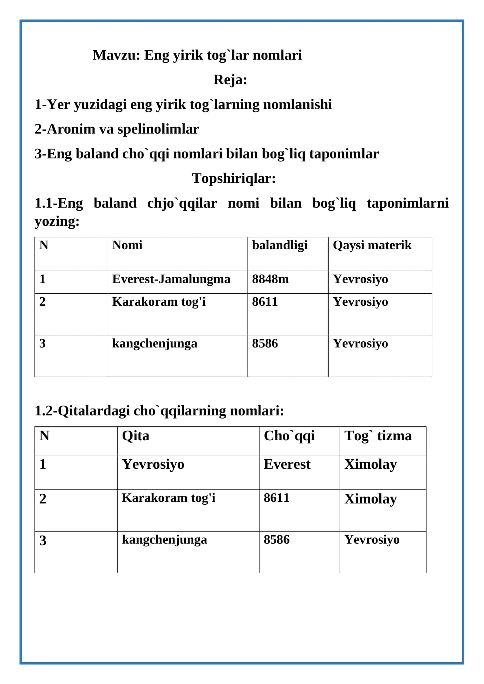 Eng yirik tog`lar nomlari