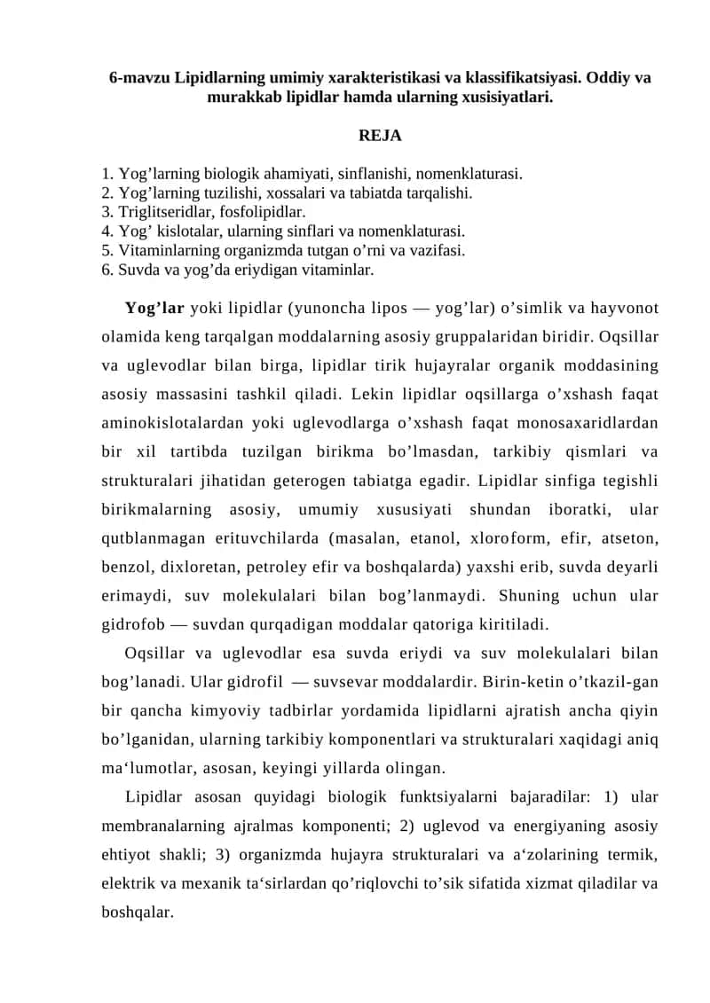 Lipidlarning umimiy xarakteristikasi va klassifikatsiyasi