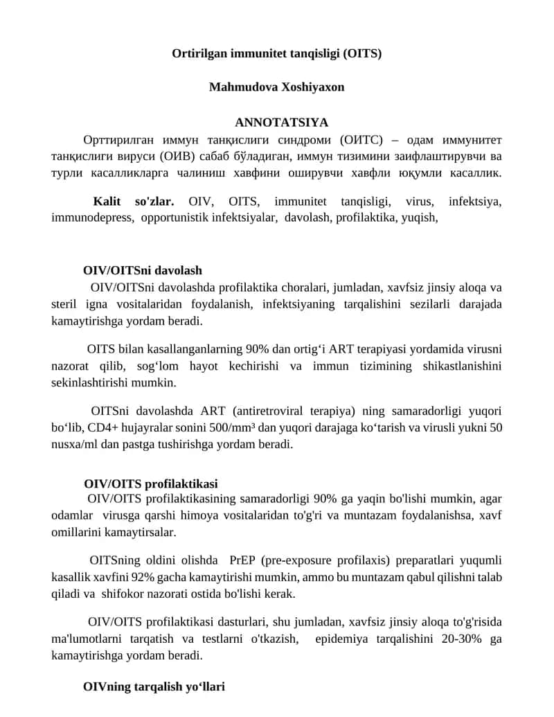 Ortirilgan immunitet tanqisligi (OITS)