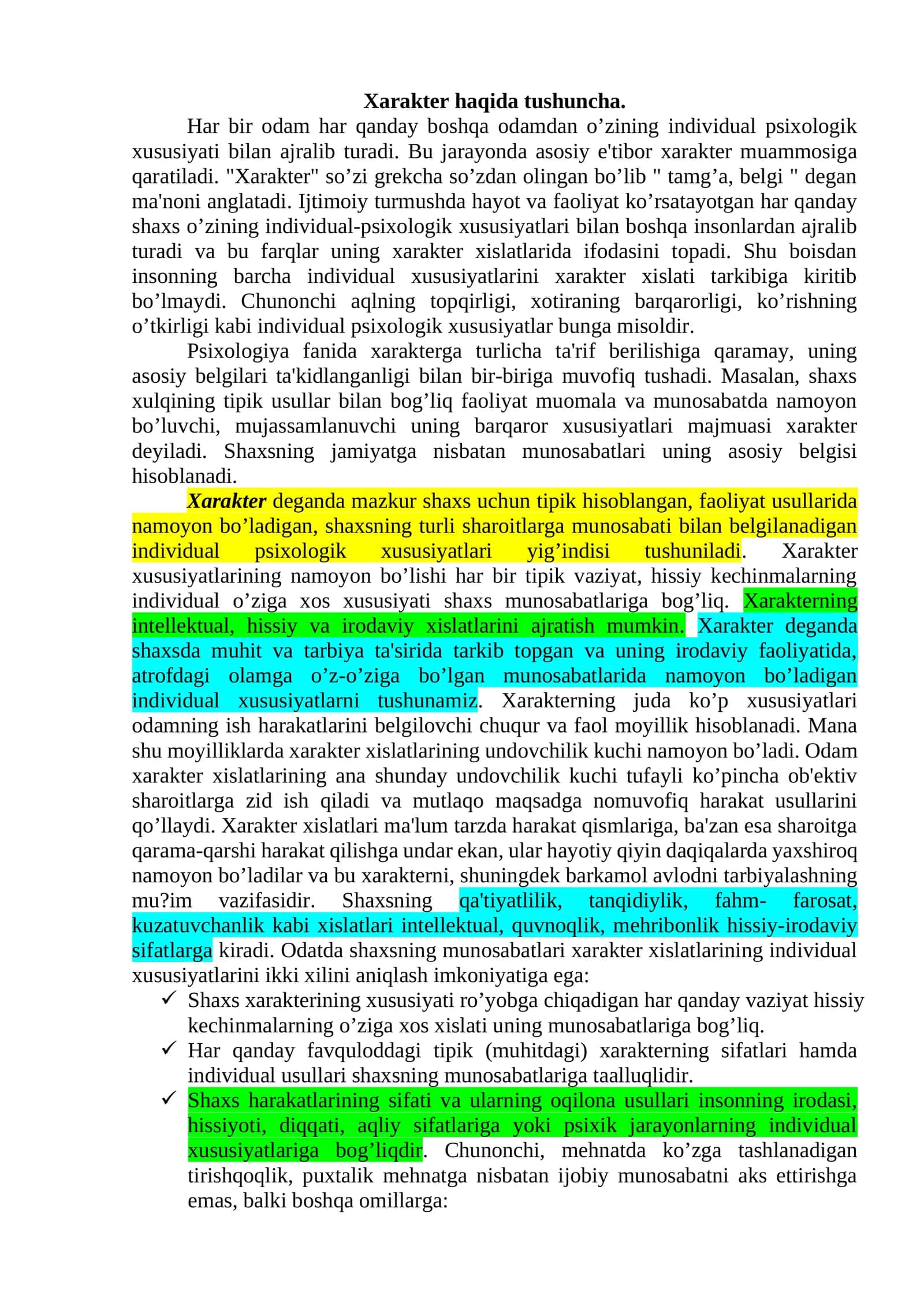 Xarakter haqida tushuncha