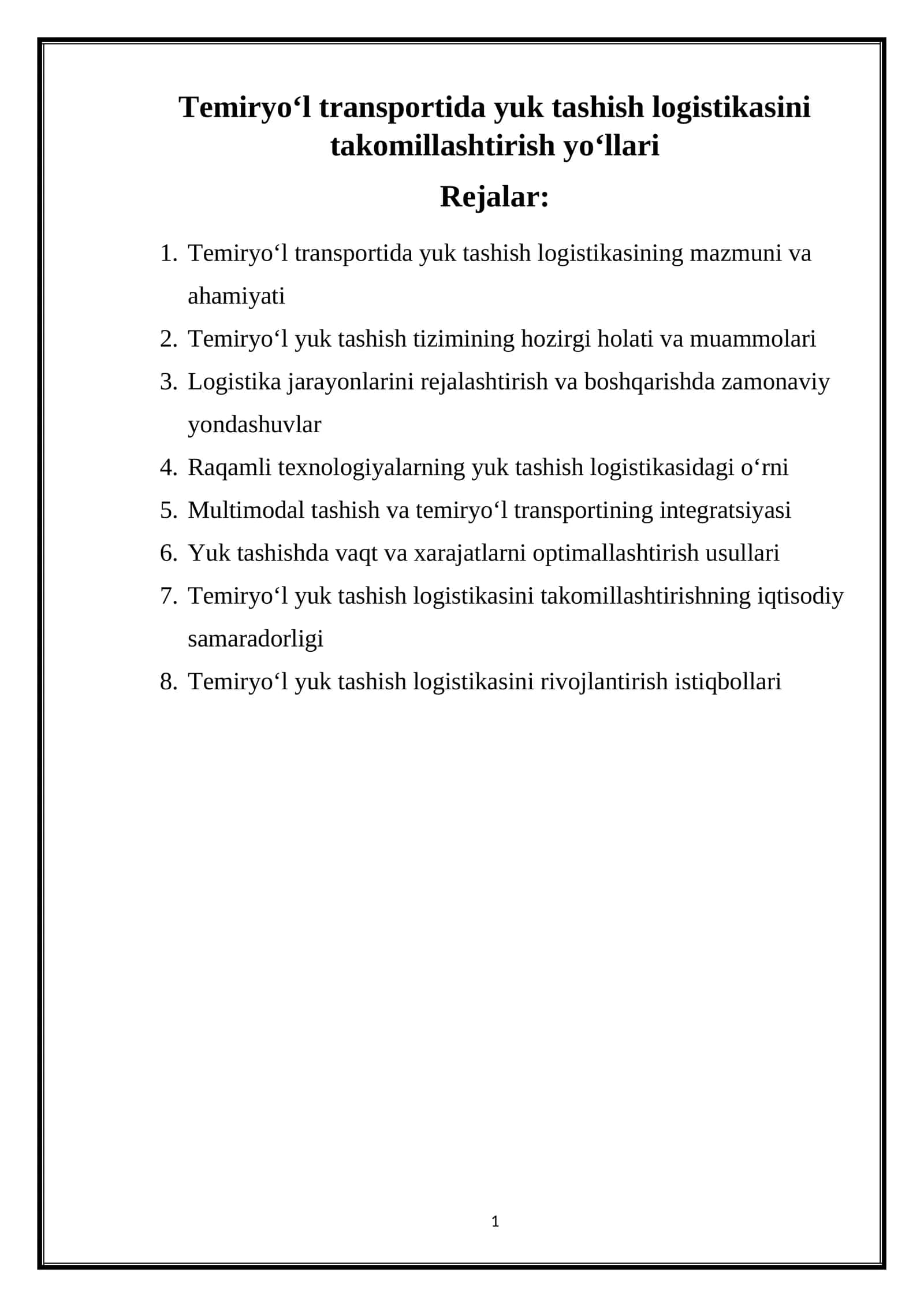Temiryo‘l transportida yuk tashish logistikasini takomillashtirish yo‘llari