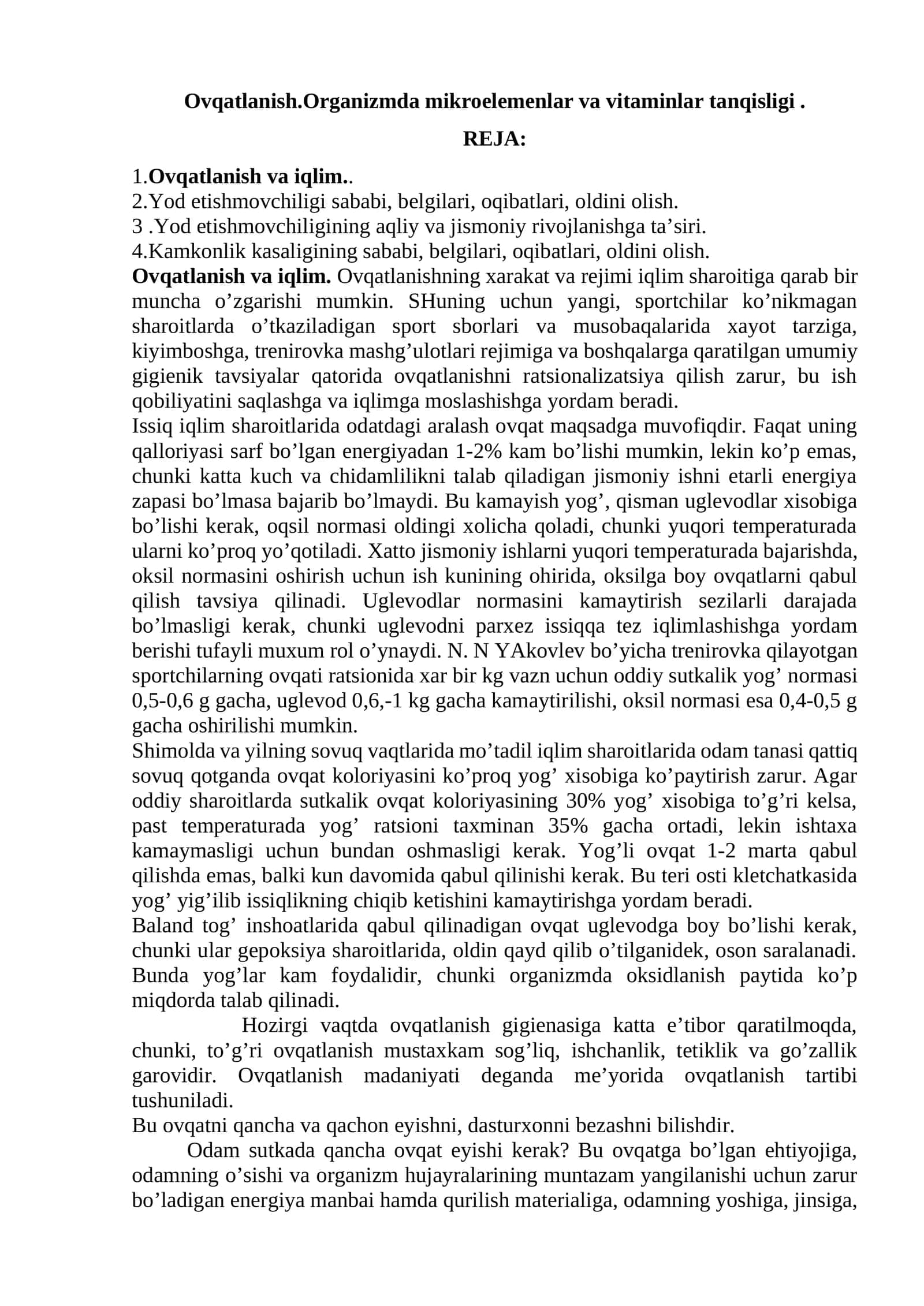Ovqatlanish. Organizmda mikroelementlar va vitaminlar tanqisligi