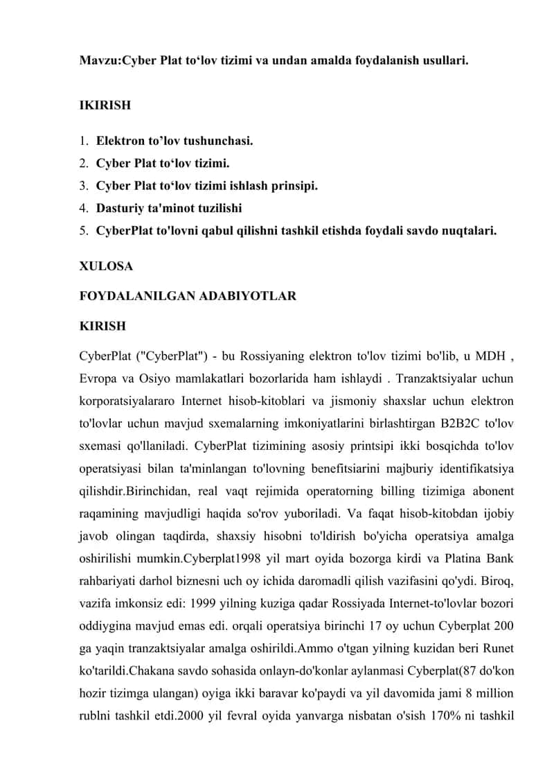 CyberPlat toʻlov tizimi va undan amalda foydalanish usullari