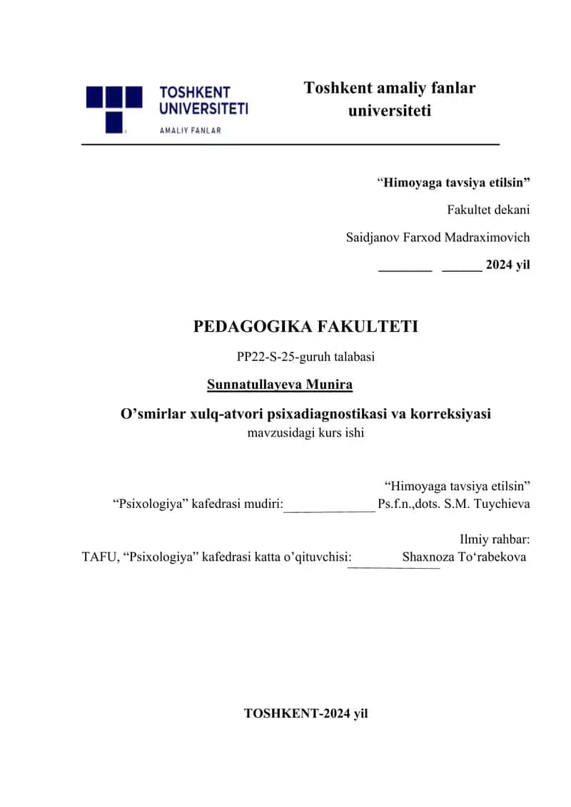 O’smirlar xulq-atvori psixadiagnostikasi va korreksiyasi