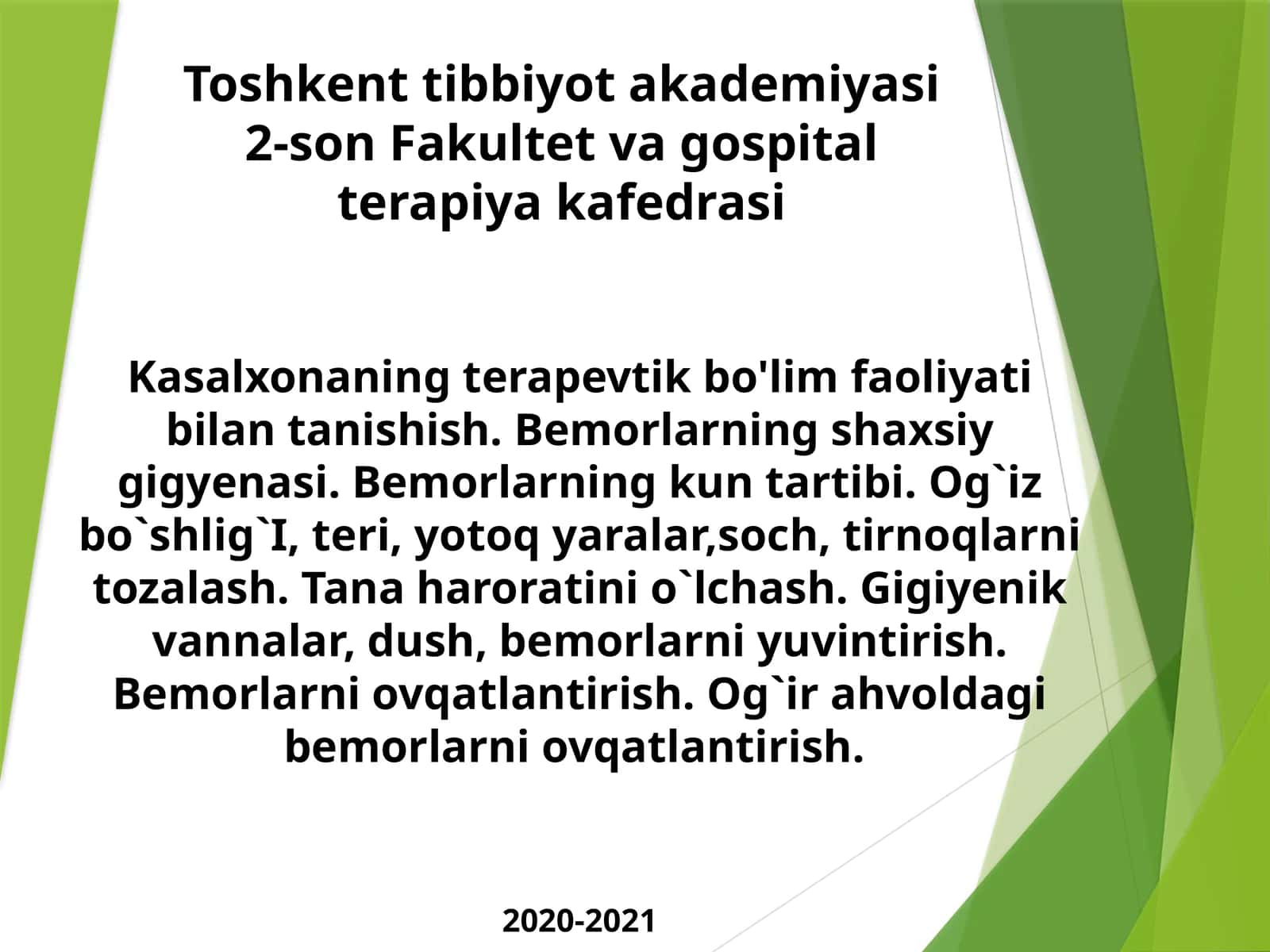 Kasalxonaning terapevtik bo'limi faoliyati