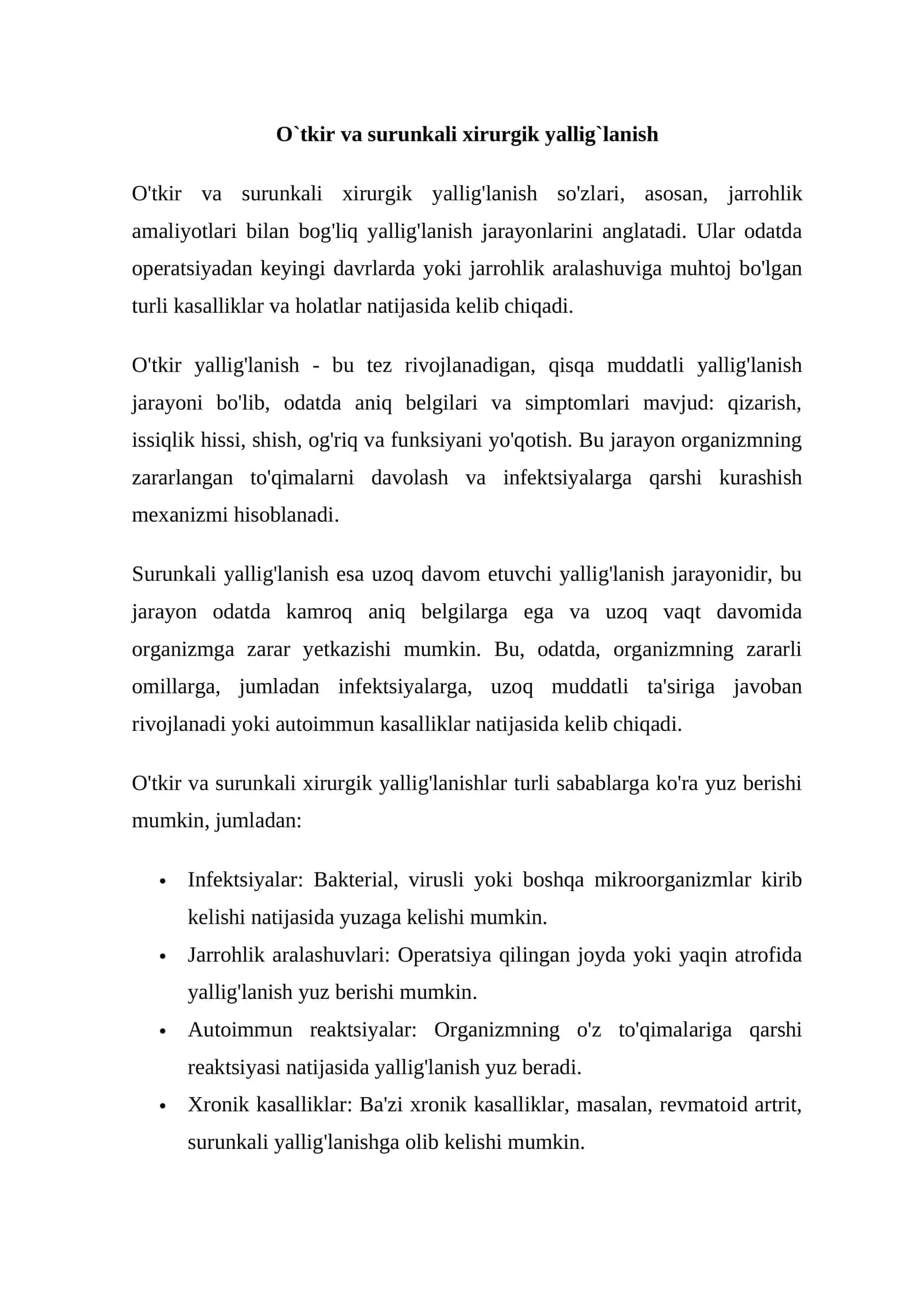 O`tkir va surunkali xirurgik yallig`lanish