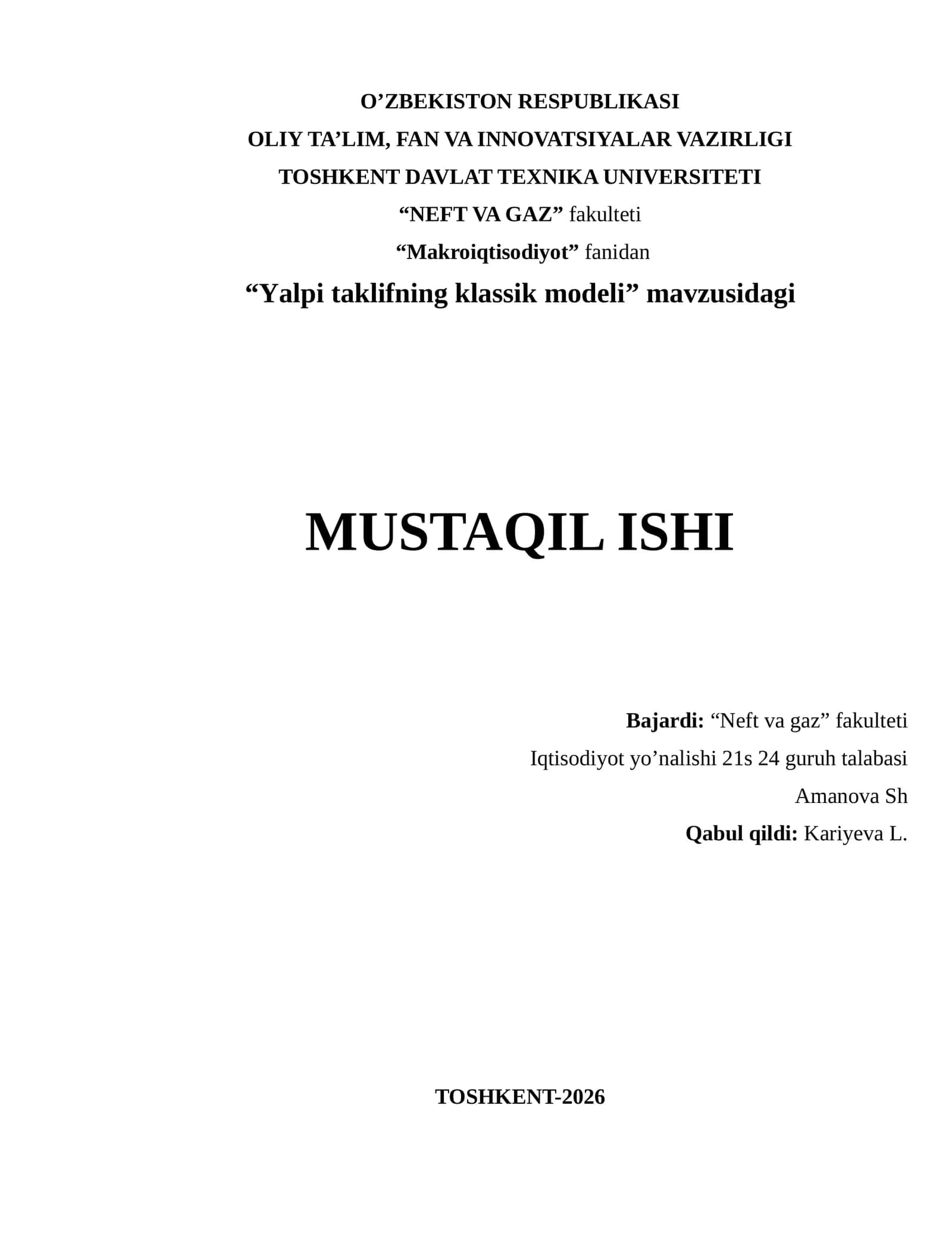 Yalpi taklifning klassik modeli