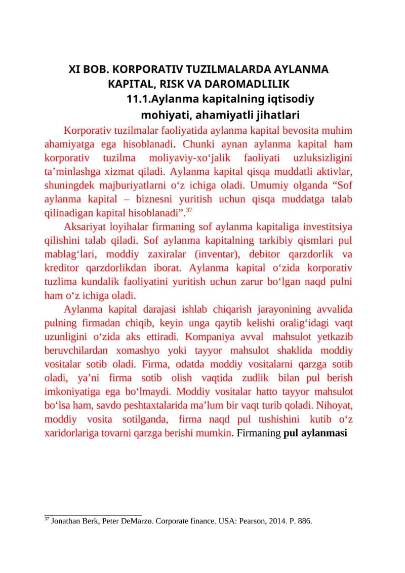 KORPORATIV TUZILMALARDA AYLANMA KAPITAL, RISK VA DAROMADLILIK