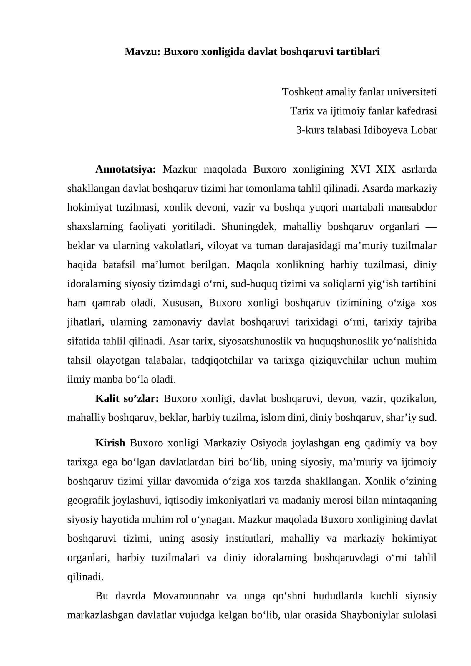 Buxoro xonligida davlat boshqaruvi tartiblari