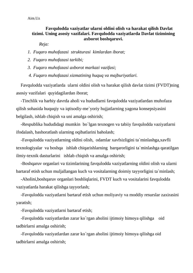 Favqulodda vaziyatlarda Davlat tizimi