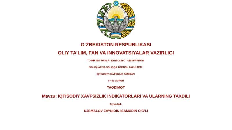 IQTISODIY XAVFSIZLIK INDIKATORLARI VA ULARNING TAXDILI
