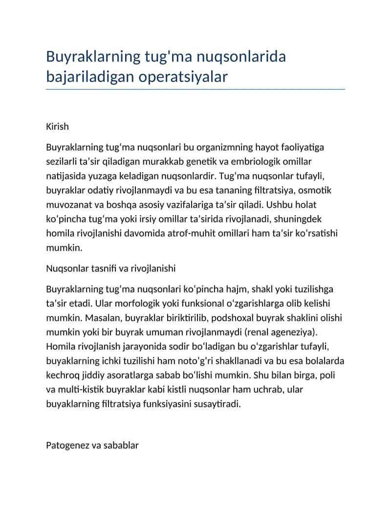 Buyraklarning tug‘ma nuqsonlarida bajariladigan operatsiyalar